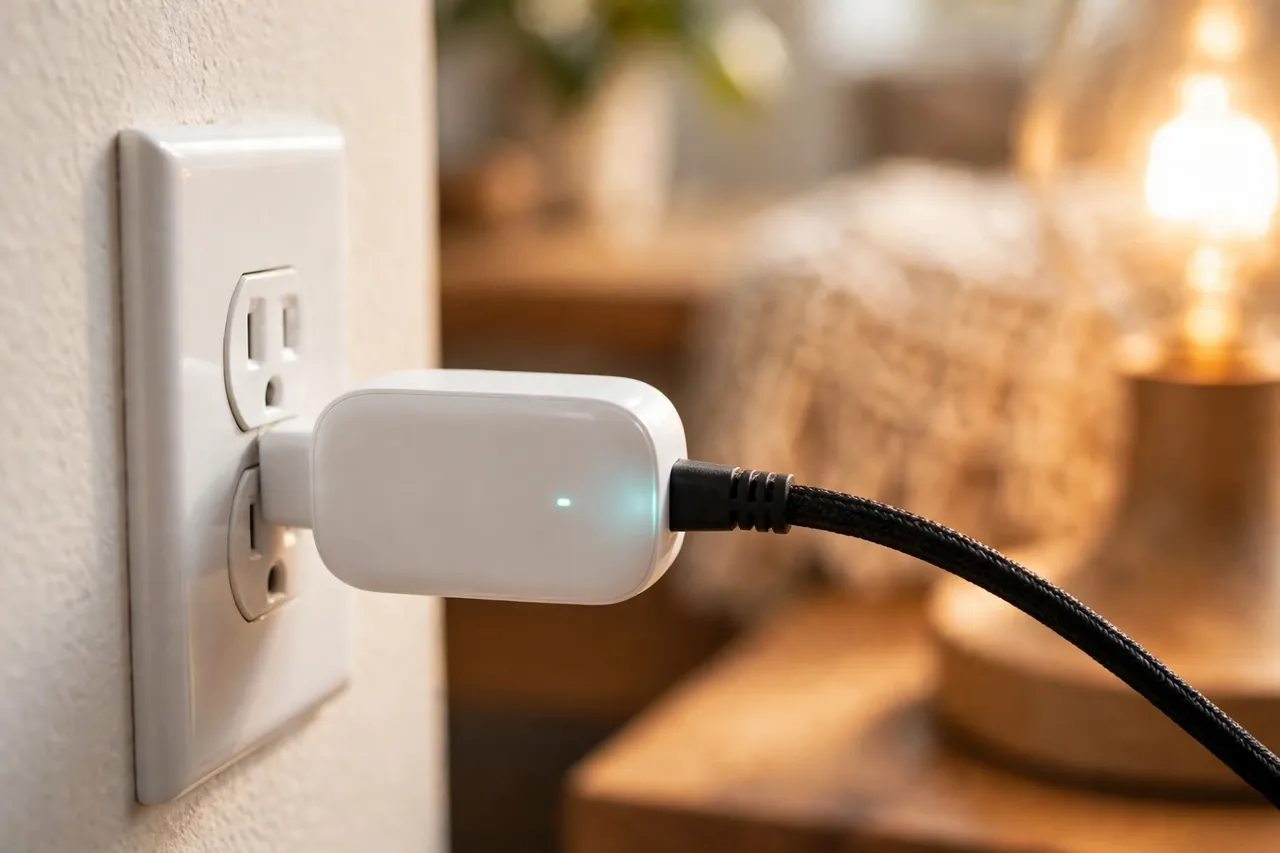 A close view of a small white smart wifi plug between a wall outlet and a table lamp's cord, the lamp glowing warmly in the background.