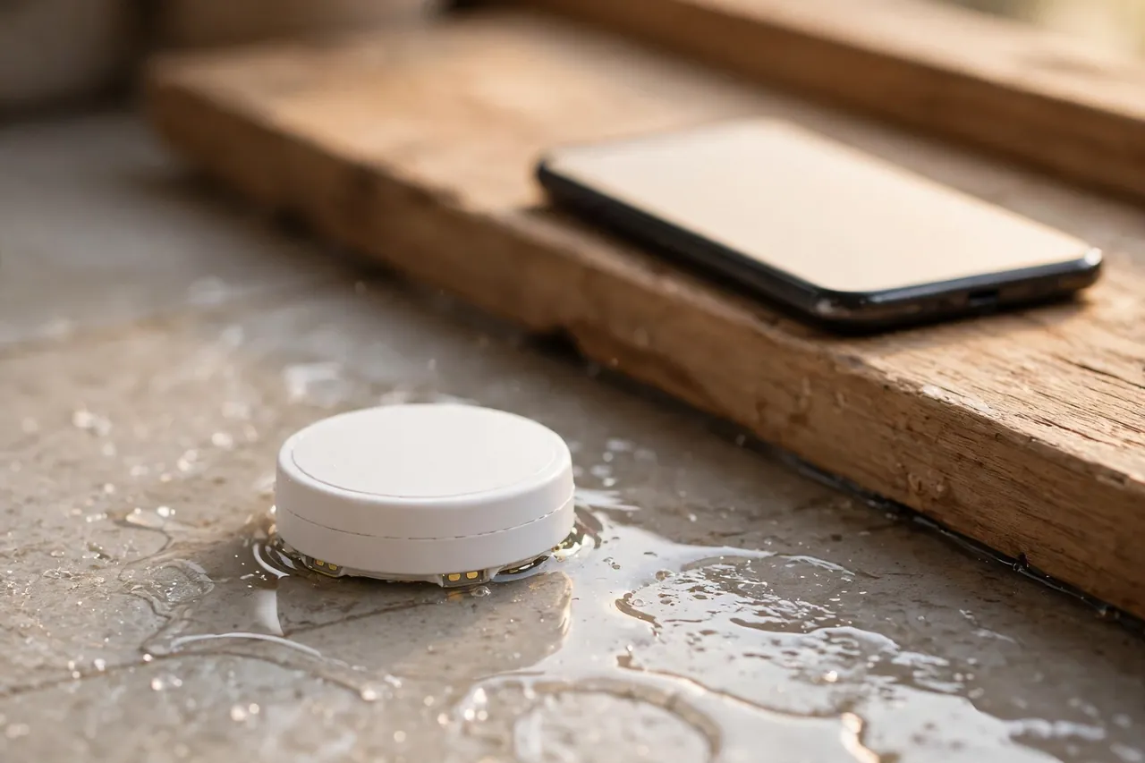 A small white wifi water leak sensor puck in a thin sheen of clean water with its gold probes visible at the base, and a smartphone with a blank glowing screen on a bench nearby.