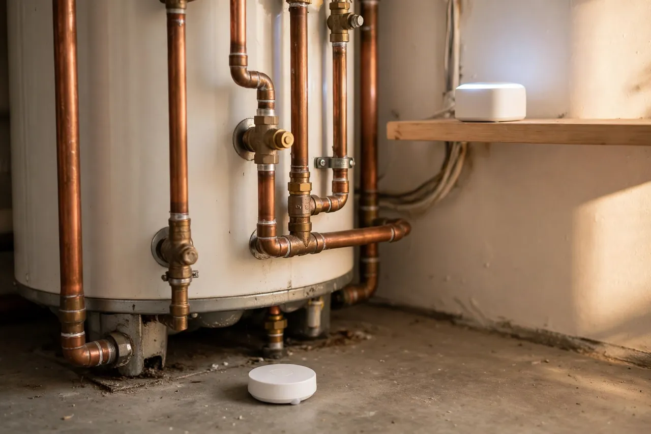 A small white wifi leak sensor puck on the floor at the base of a water heater, with a small white hub gateway device glowing softly on a wall shelf nearby.