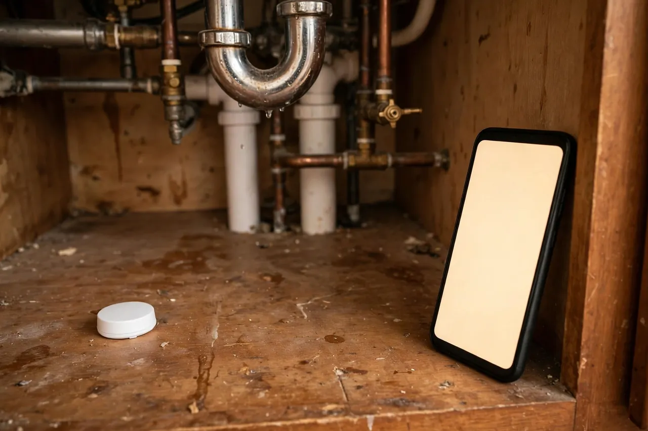 A small white wifi leak sensor puck on the floor of an under-sink cabinet beneath the sink pipes, with a smartphone showing a blank glowing screen leaning against the cabinet frame.