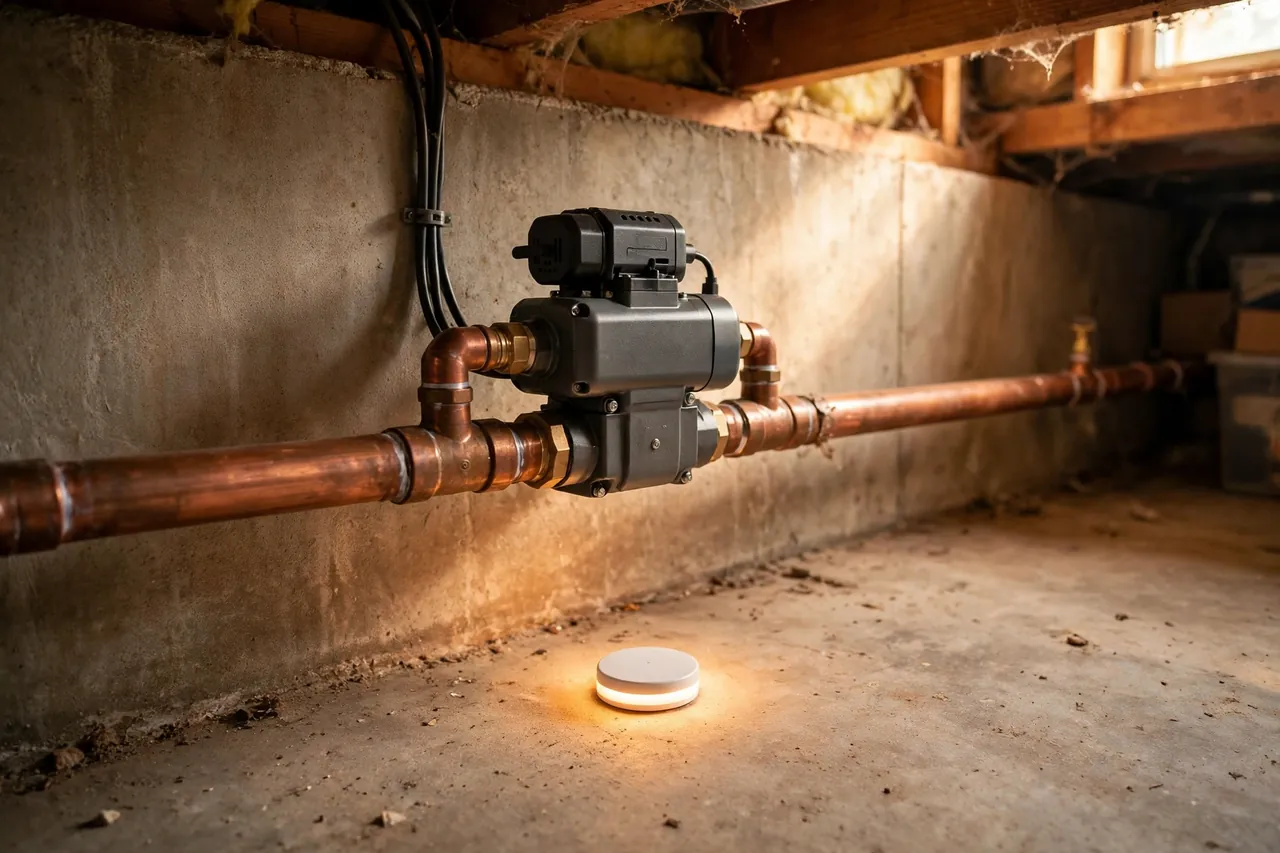 A motorized automatic water shutoff valve unit mounted on a copper main water pipe, with a small white leak sensor puck glowing softly on the floor below it.