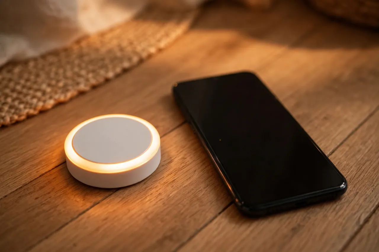 A small white wifi leak sensor puck with a warm amber glowing ring beside a smartphone with a dark blank screen on a wooden floor.