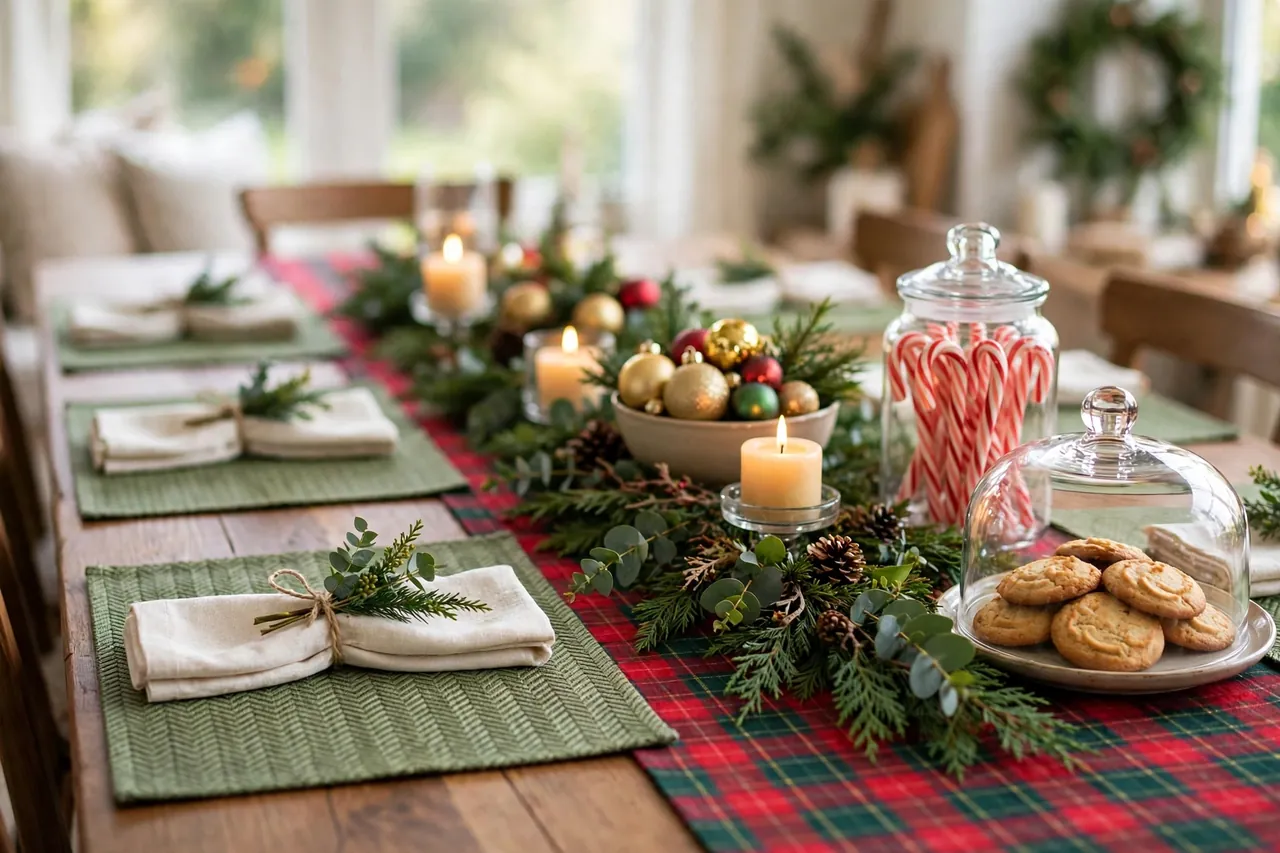 Christmas dining table with a low greenery-runner centerpiece with candles and ornaments, red and green placemats, napkins tied with greenery, and a candy cane jar nearby