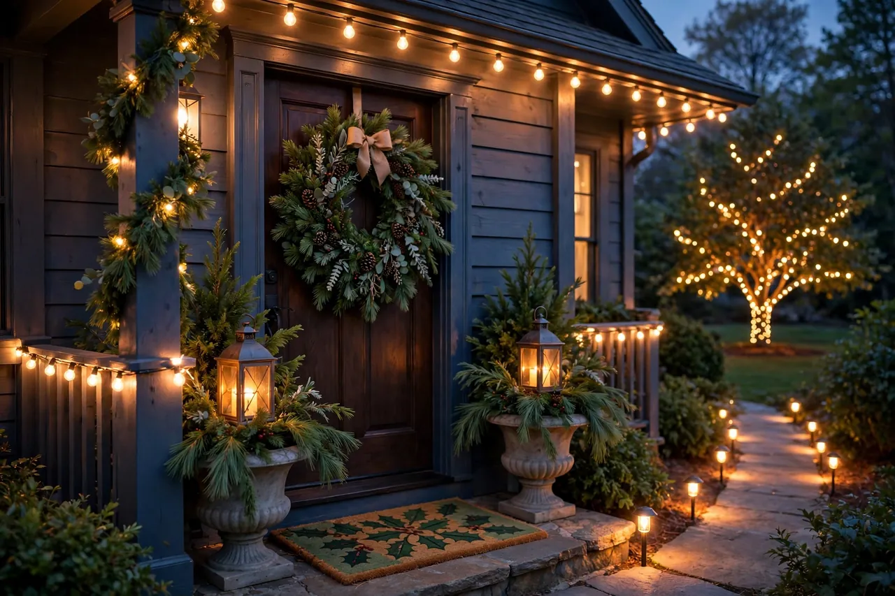 Front entry of a house at dusk with warm white lights along the porch rail, a large wreath on the door, glowing lantern planters, and a lit walkway