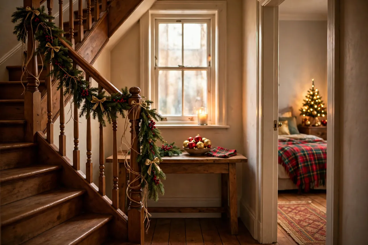 Warm hallway with evergreen garland along the stair banister, a bowl of red and gold ornaments on an entry table, and a glimpse of a small lit tree in the next room