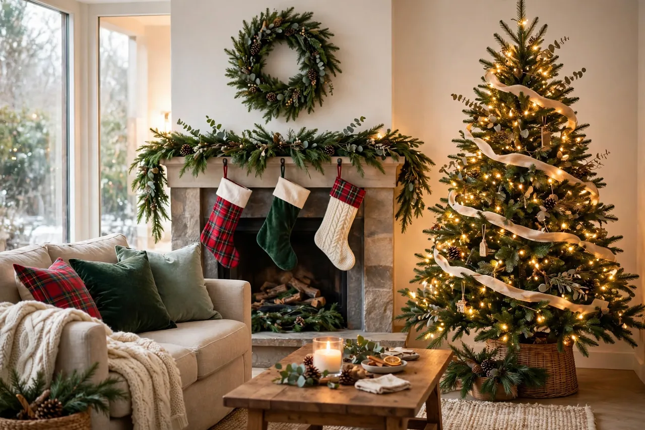 Cozy living room with a lit Christmas tree, a garland-dressed mantel with wreath and spaced stockings, plaid pillows, a throw, and a candle on the coffee table