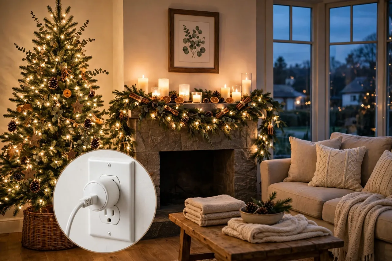 Living room glowing with warm white Christmas lights and flameless candles, with a small magnified inset of a plug-in timer on an outlet